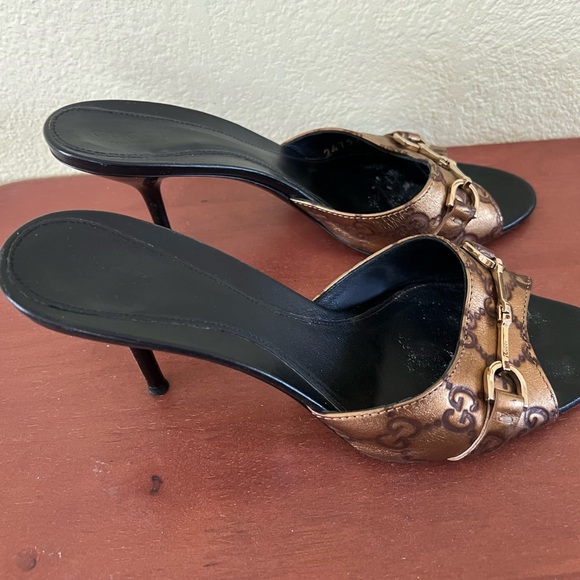 Gucci Guccissima GG Horsebit Peep Toe Mule Heels size37c golden brown - Picture 5 of 6